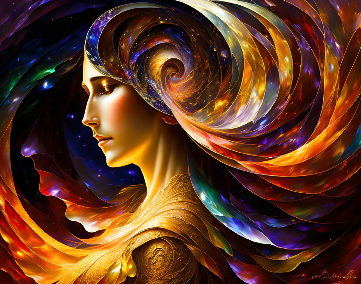 Colorful digital art: Woman merges with cosmic galaxy