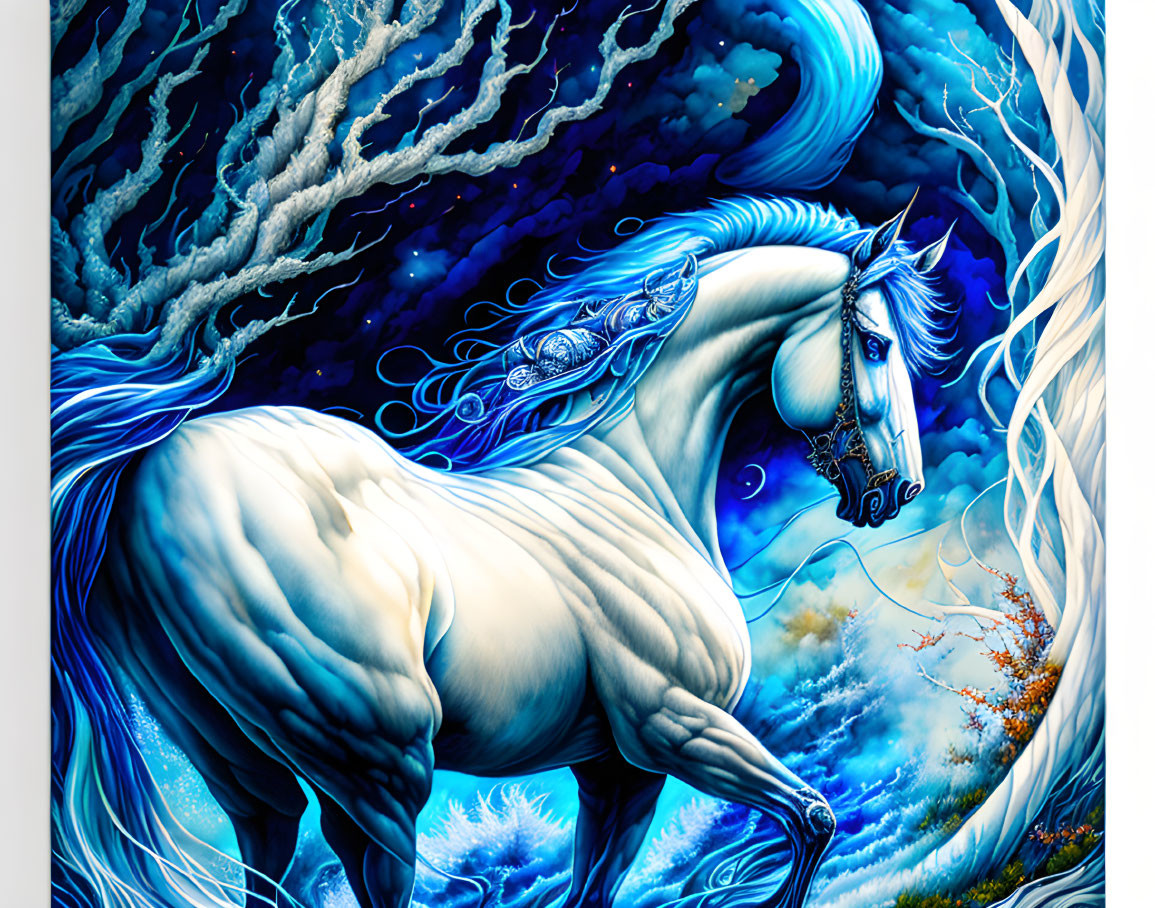 Mythical white horse with blue mane in swirling background