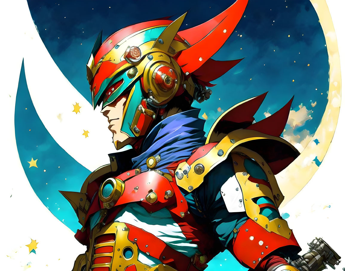 Futuristic warrior in armor against crescent moon and stars