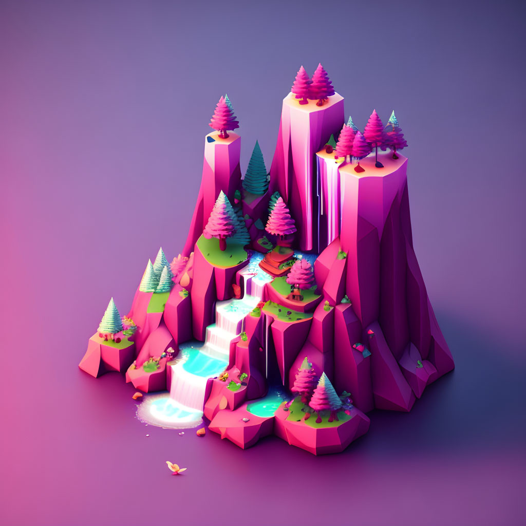 Whimsical 3D illustration of purple mountain landscape with pink trees and waterfalls