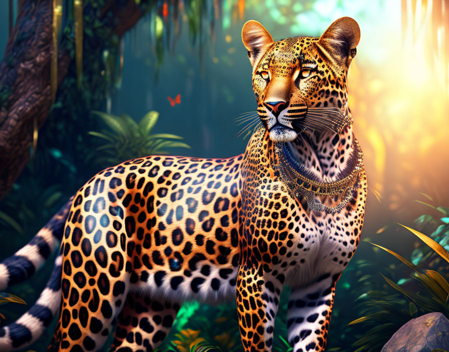 3D-rendered leopard with tribal necklaces in lush jungle scene