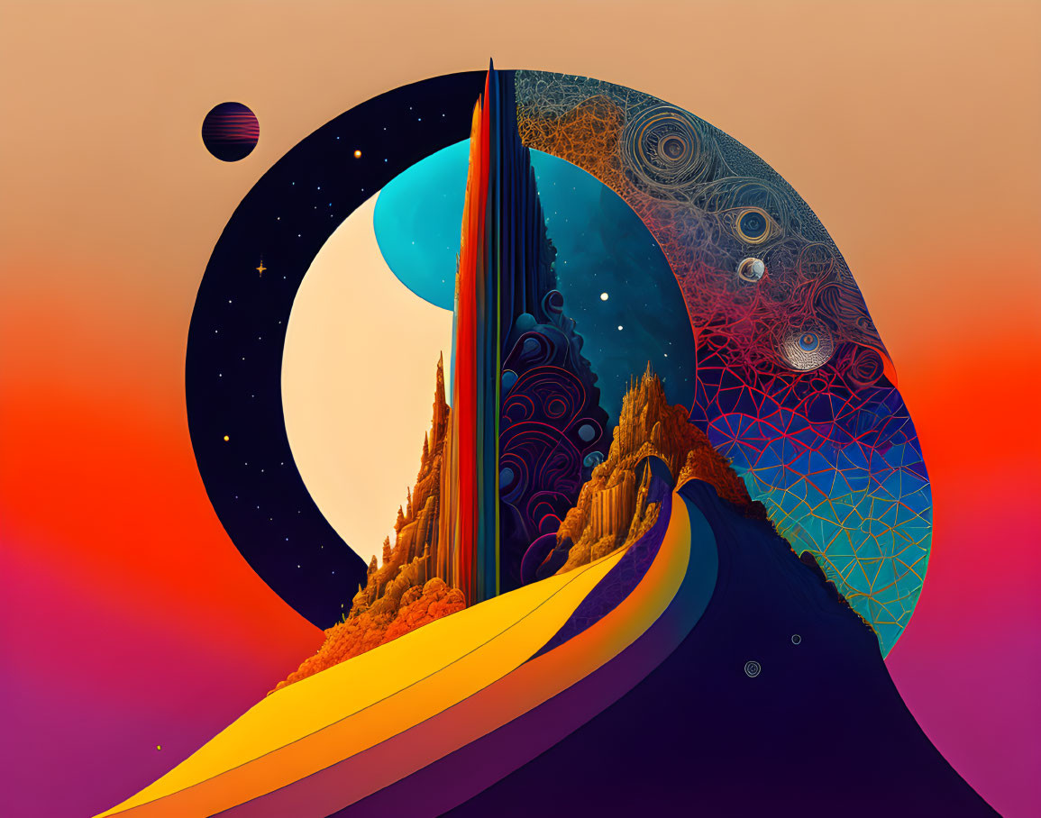 Surreal landscape with geometric shapes, celestial theme, and multicolored path to a castle