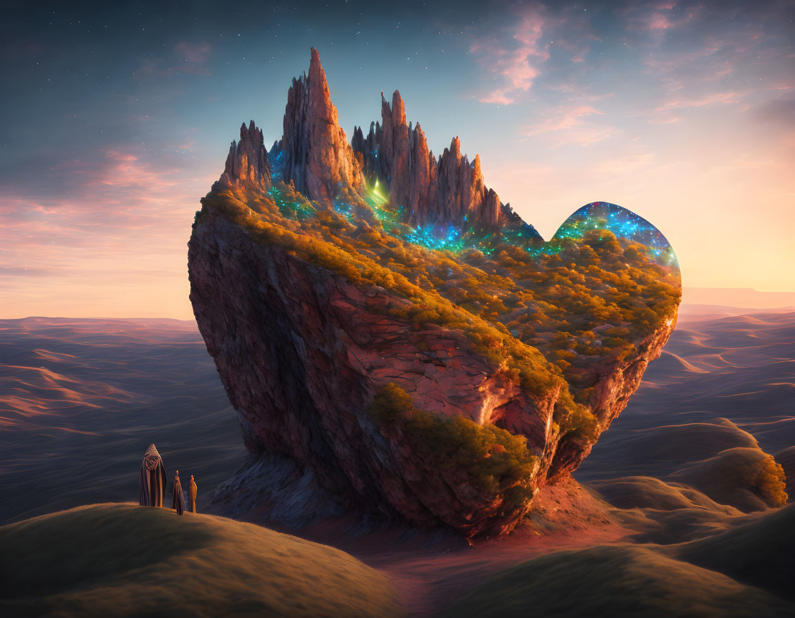 Fantastical landscape with heart-shaped rock, glowing vegetation, figures under starry sky