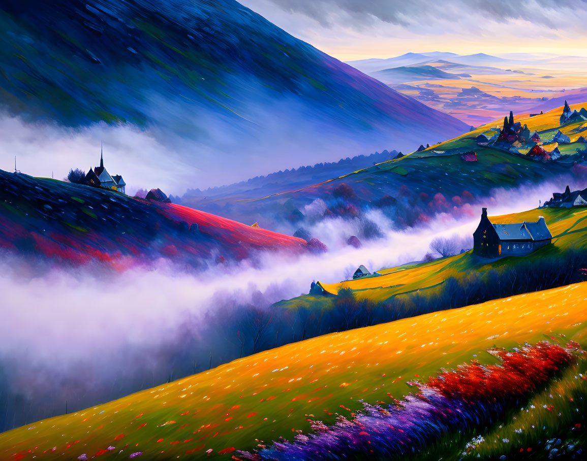 Scenic landscape with flower-covered hills, mist, village, and church at dawn or dusk