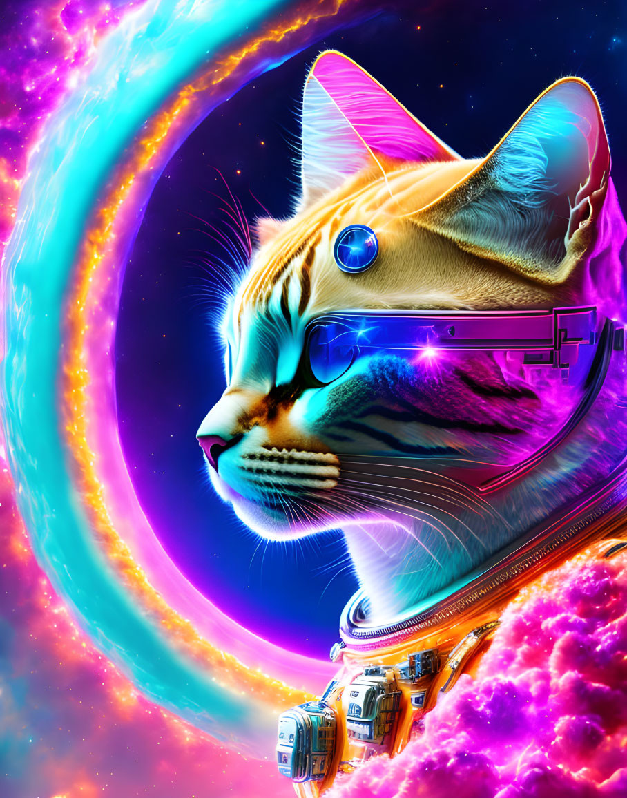 Colorful digital artwork: Cat with futuristic visor in cosmic setting.