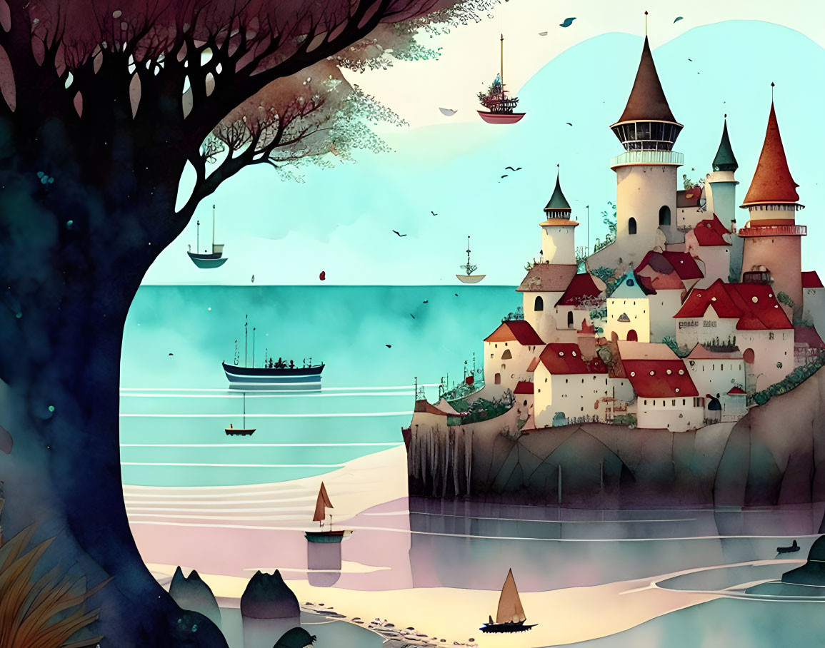 Colorful seaside castle town illustration with ships, trees, and stylized sky