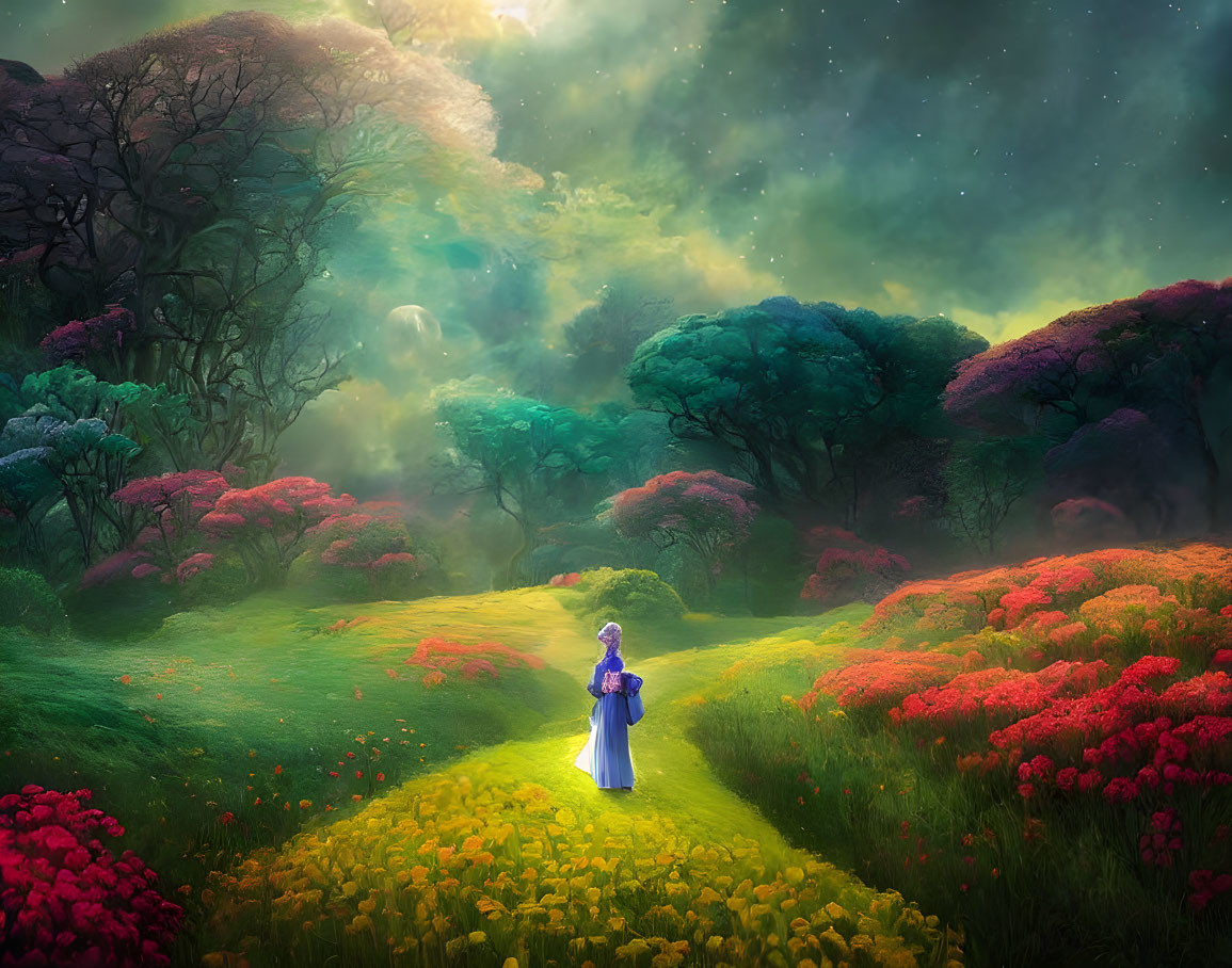 Person in Blue Robe in Vibrant Mystical Garden with Colorful Trees