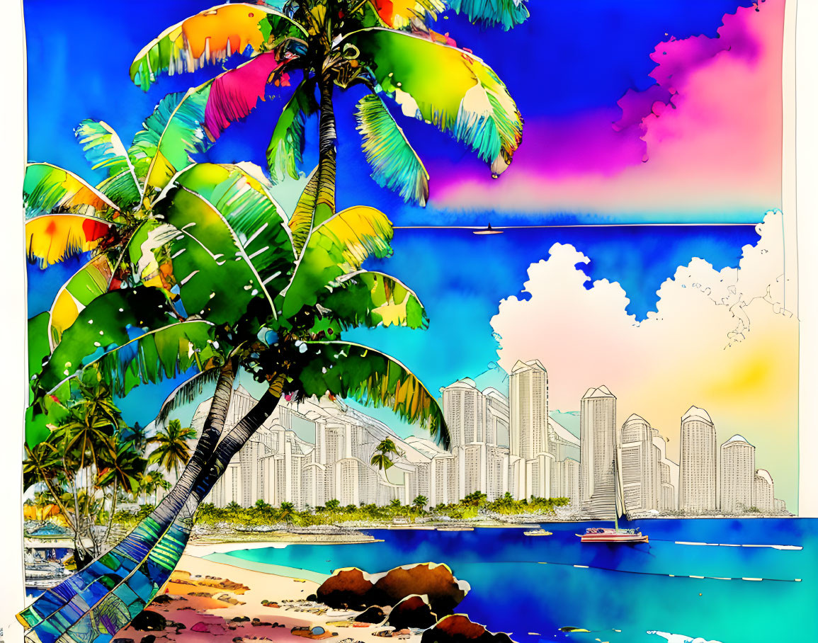 Colorful Tropical Coastline with Palm Trees and City Skyline Illustration