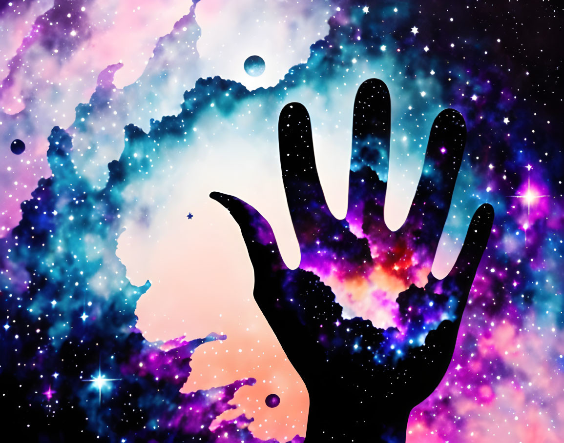 Silhouette hand against vibrant cosmic background with stars and planets in purple, blue, and pink.