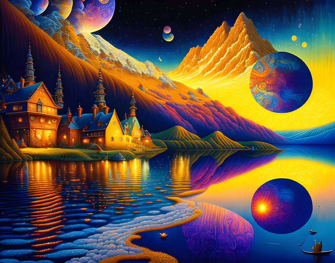 Fantastical landscape with mountains, starry sky, whimsical buildings, and reflective lake