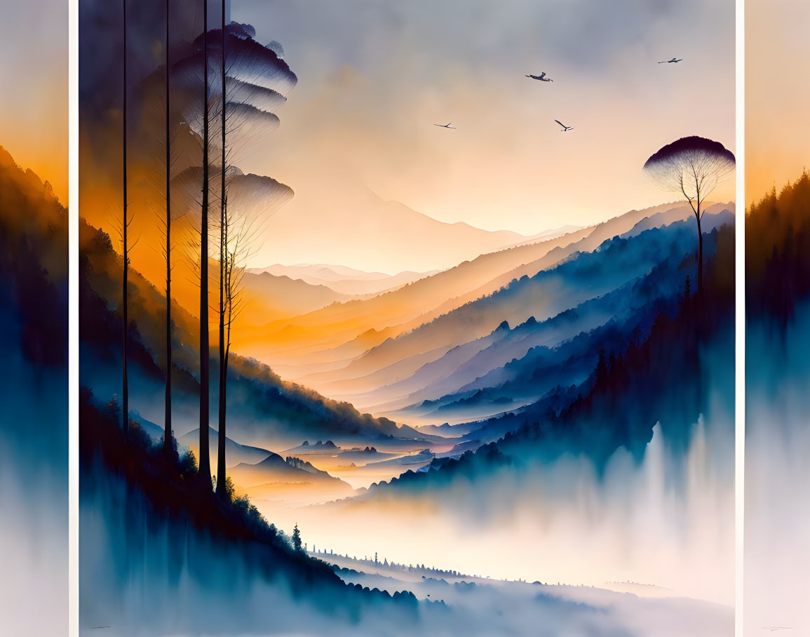 Serene landscape with layered mountains, misty valleys, tall trees, and birds in vibrant sky