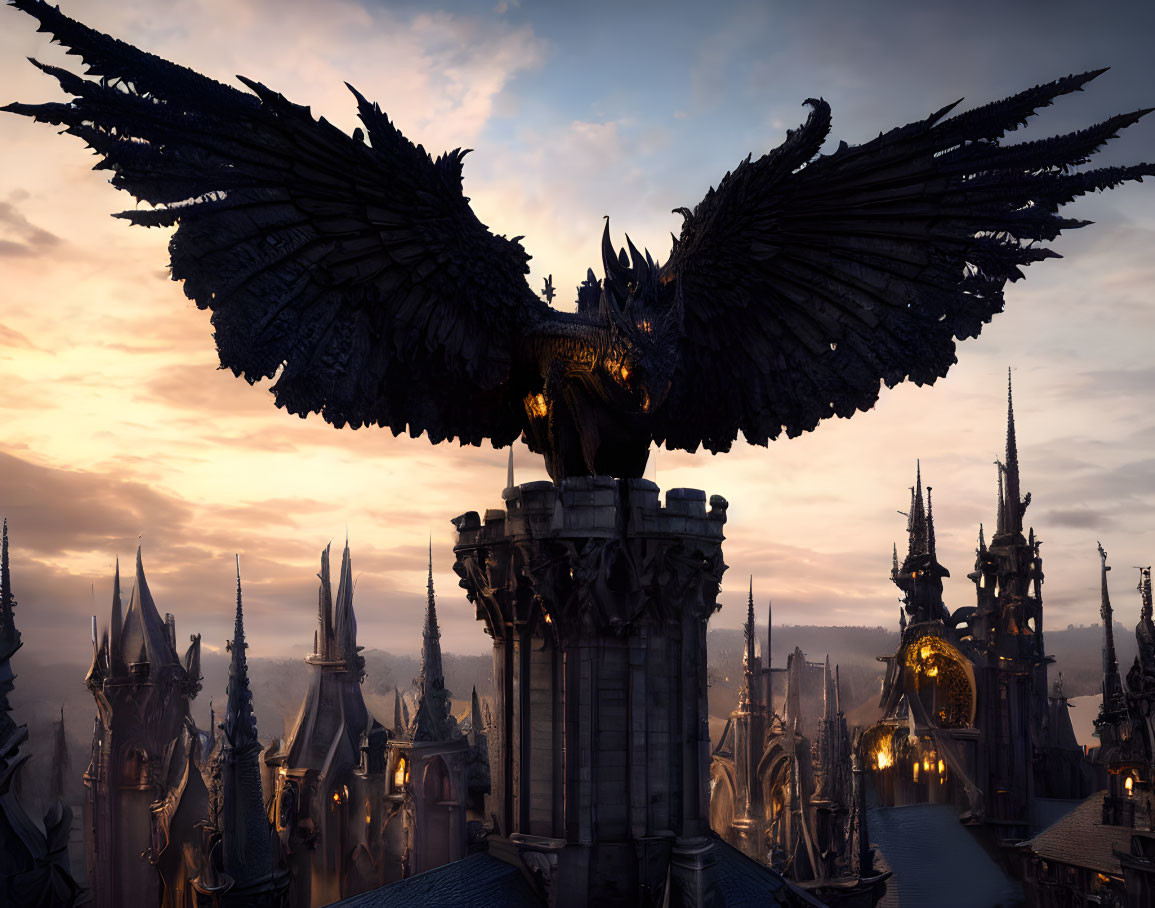 Black dragon perched on gothic spire in cityscape at dusk