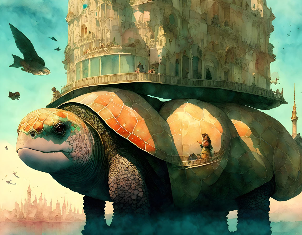 Giant turtle carrying city on its back with flying fish in serene sky