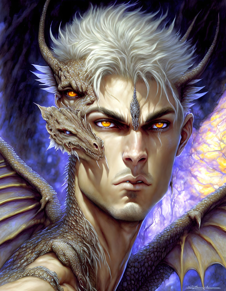 Fantasy portrait of man with dragon-like features and small dragon on shoulder