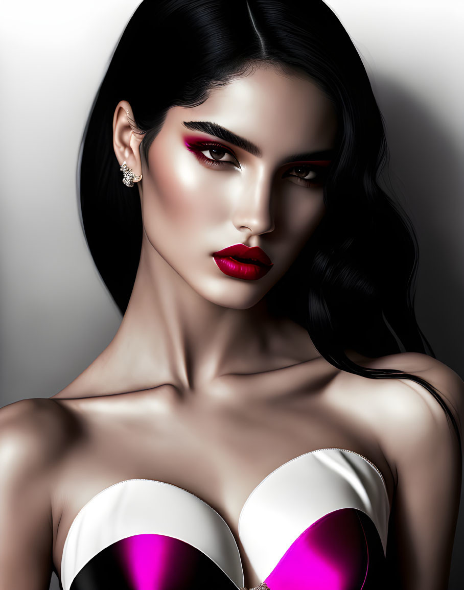 Digitally created woman with black hair, red makeup, and black & white dress.