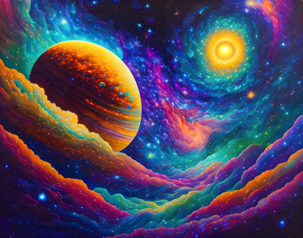 Colorful cosmic scene with orange planet and swirling nebulas.