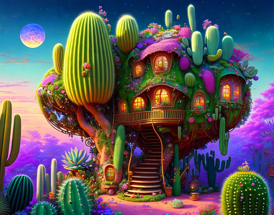 Fantasy house surrounded by cactus plants under starry night sky