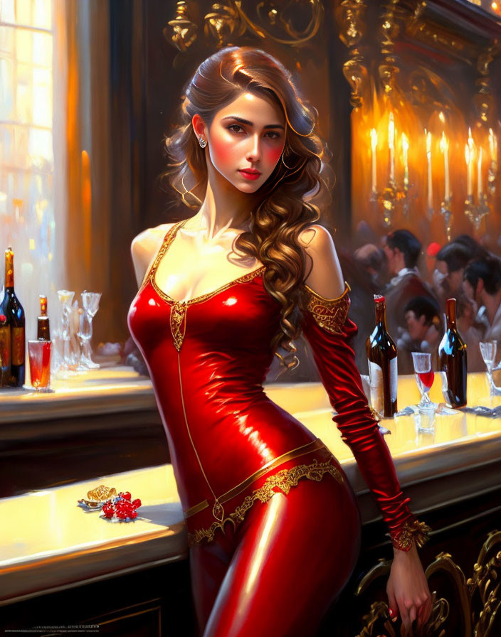 Luxurious Event: Elegant Woman in Red Gown, Golden Accents