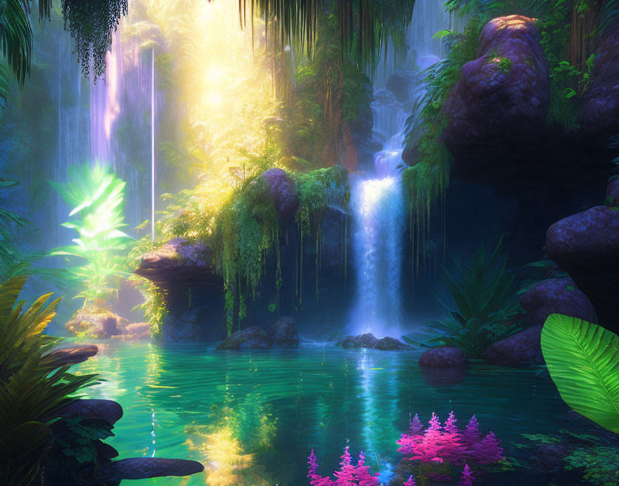 Tranquil forest scene with waterfall, sunlight, pond, lush vegetation