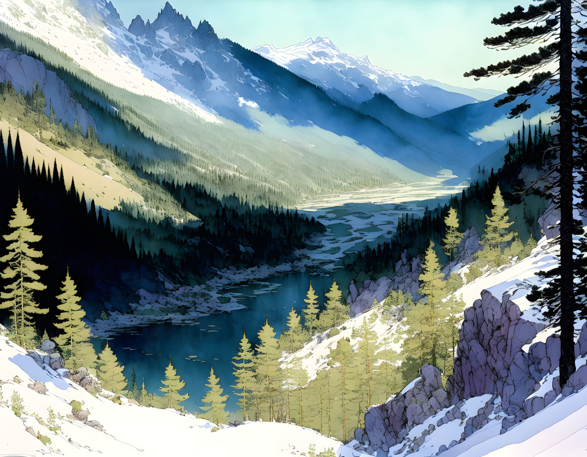 Scenic mountain landscape with blue river, forest, and snow