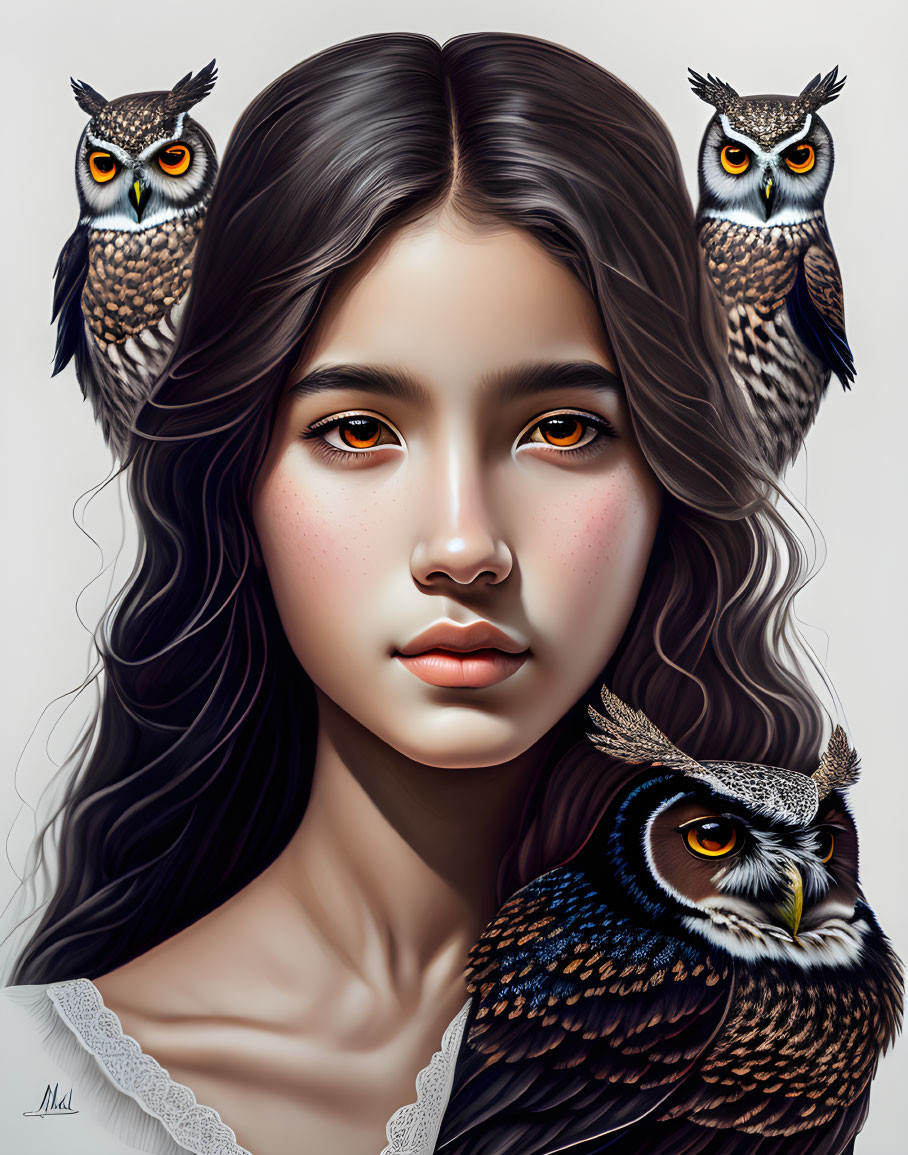 Digital artwork: Young woman with amber eyes, owls, and wavy hair.