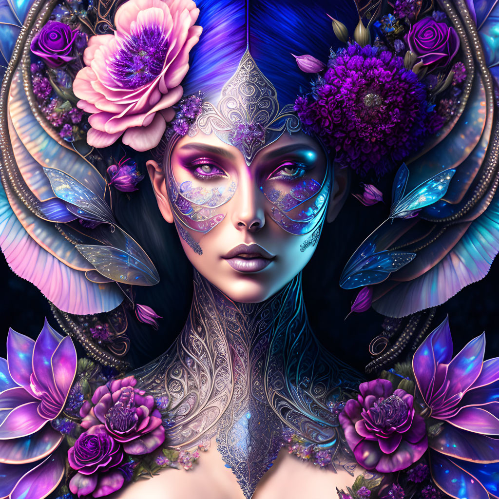 Fantasy female figure with face paint, flowers, butterfly wings in purple and blue.