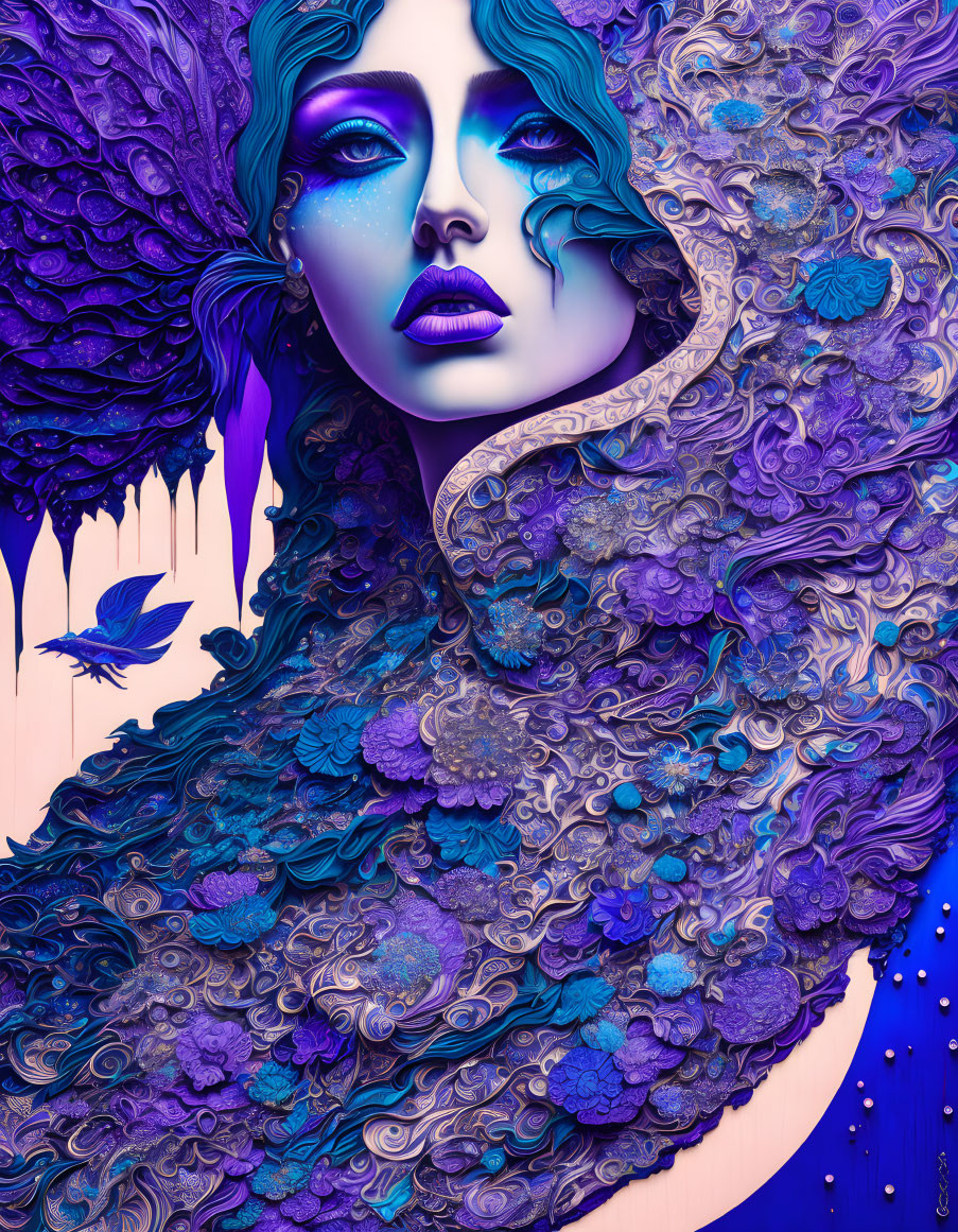 Surreal blue-skinned woman in ornate purple floral patterns