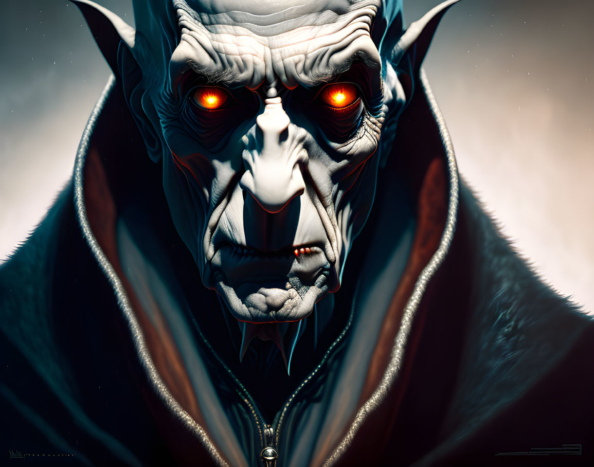 Detailed digital portrait: Menacing creature with glowing red eyes, sharp fangs, and pointy ears