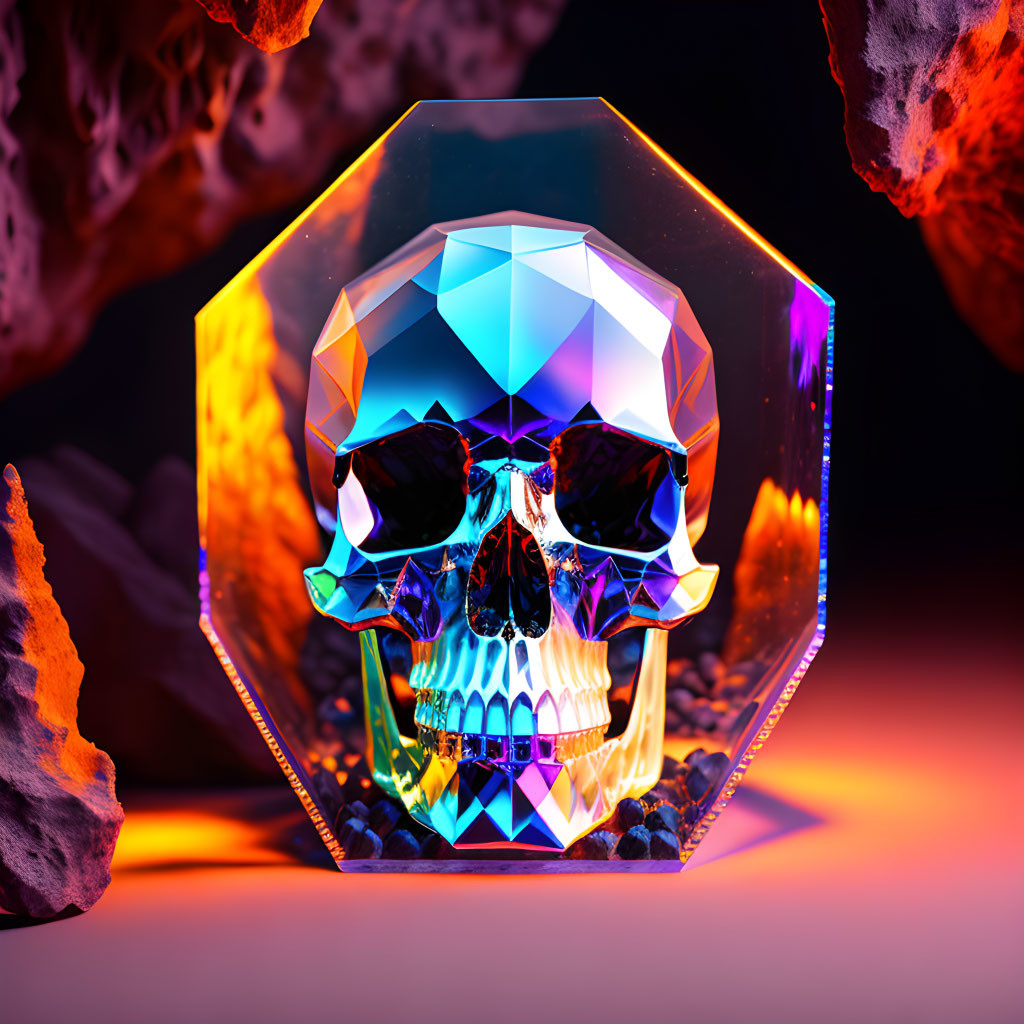 Colorful Geometric Crystal Skull in Hexagonal Clear Encasement