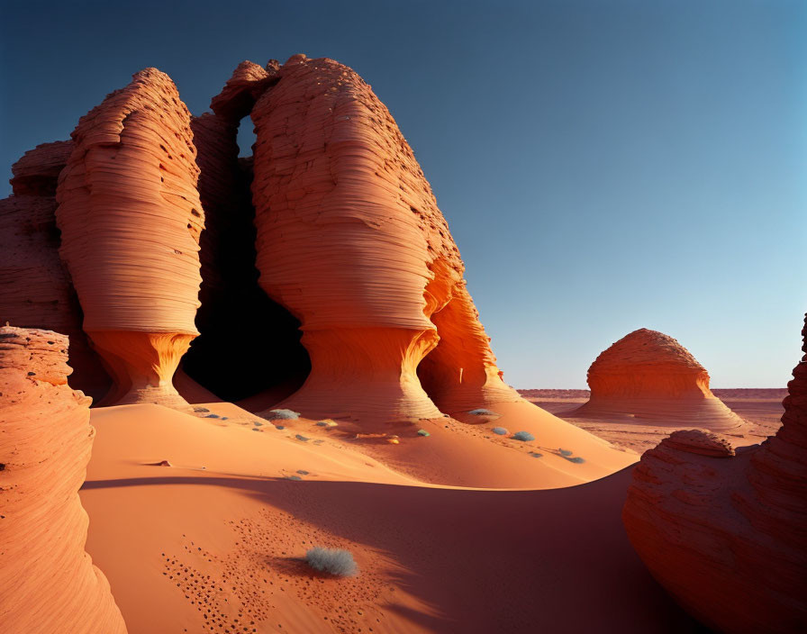 Unique striated rock formations in desert landscape