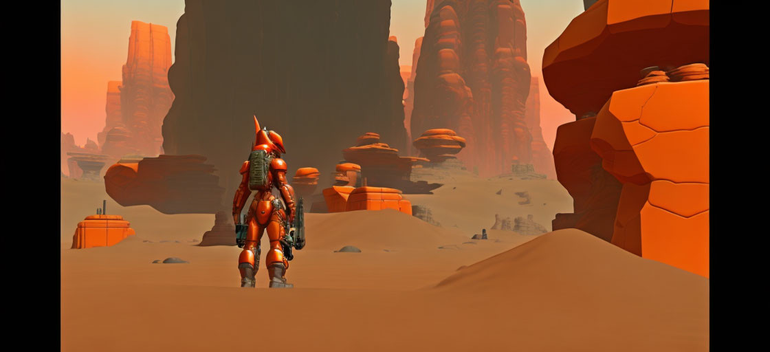 Astronaut in red suit on rocky, orange Martian landscape