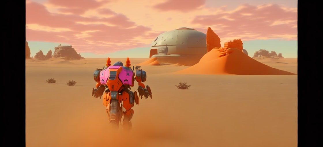 Futuristic pink and orange motorcycle in desert landscape with metallic dome structure