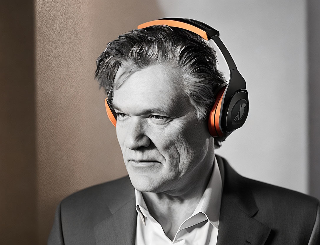 Monochrome image of man in business attire with orange headphones.