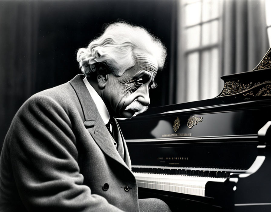 Elderly person with unique hair near grand piano in contemplation