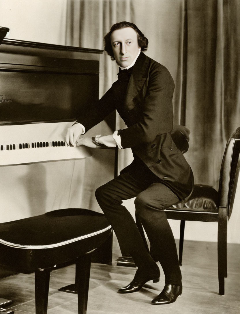 Monochrome photo of man in formal attire posing beside a piano