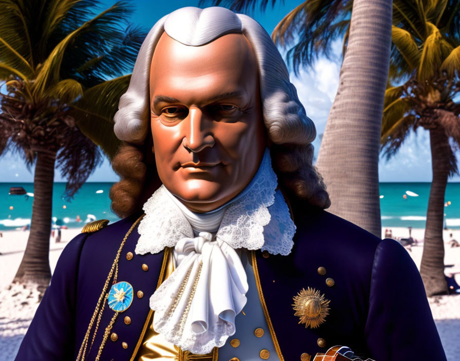 Historical figure with white hair in blue and gold coat on beach with palm trees.