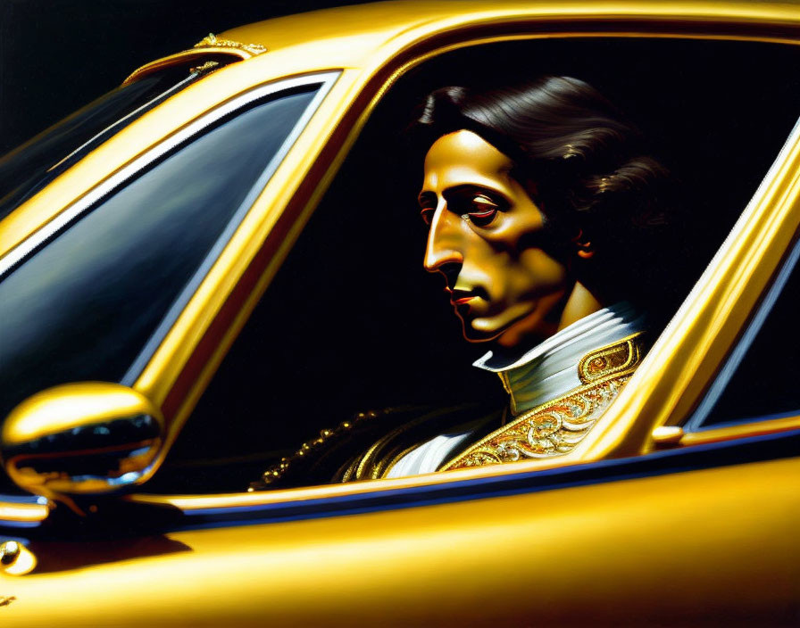 Stylized painting of person in historical garb in golden car.