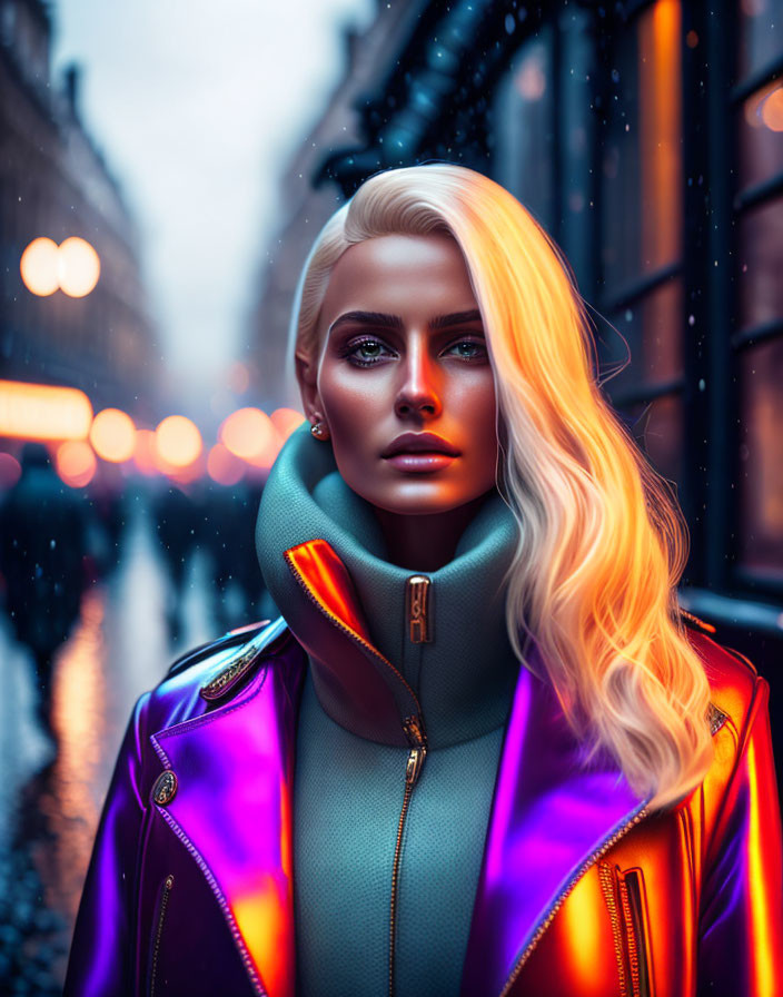 Platinum Blonde Woman in High-Neck Sweater and Purple Jacket in Neon-Lit City Street