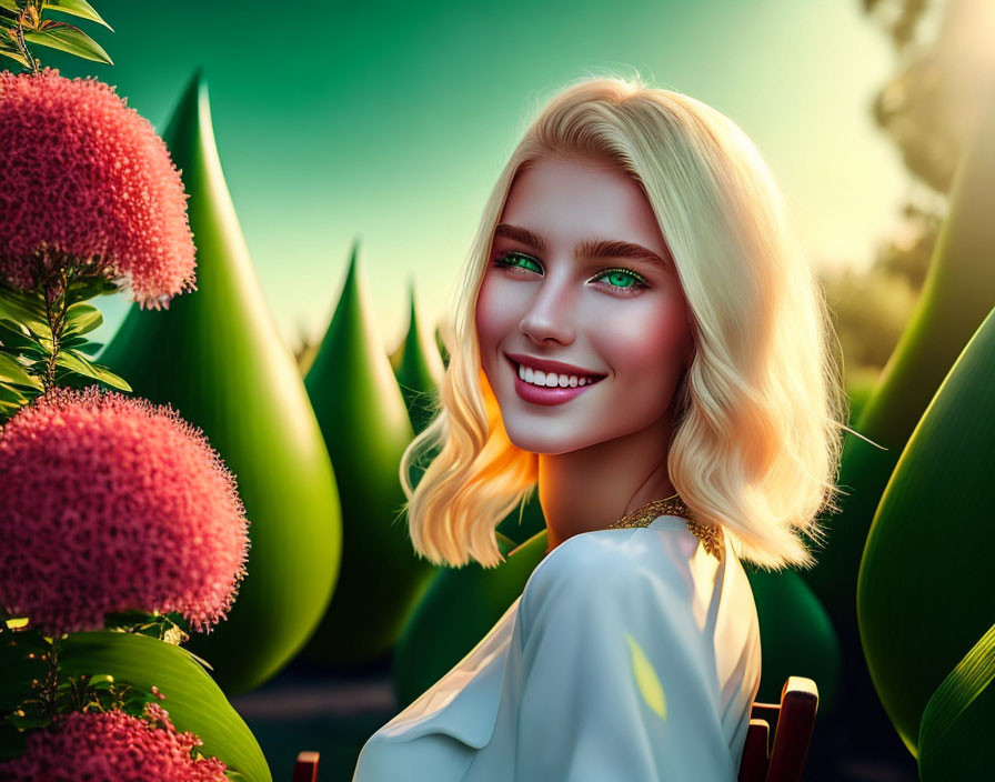 Blonde woman with green eyes in white outfit among red flowers