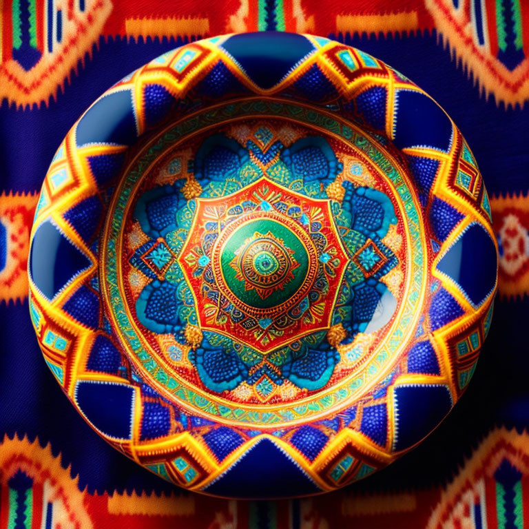 Colorful Mandala Design Ceramic Plate on Geometric Fabric Background