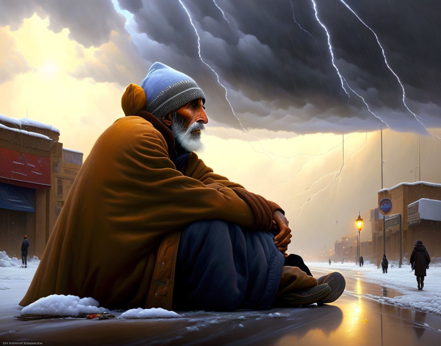 Elderly Man Sitting on Snowy Street During Stormy Weather