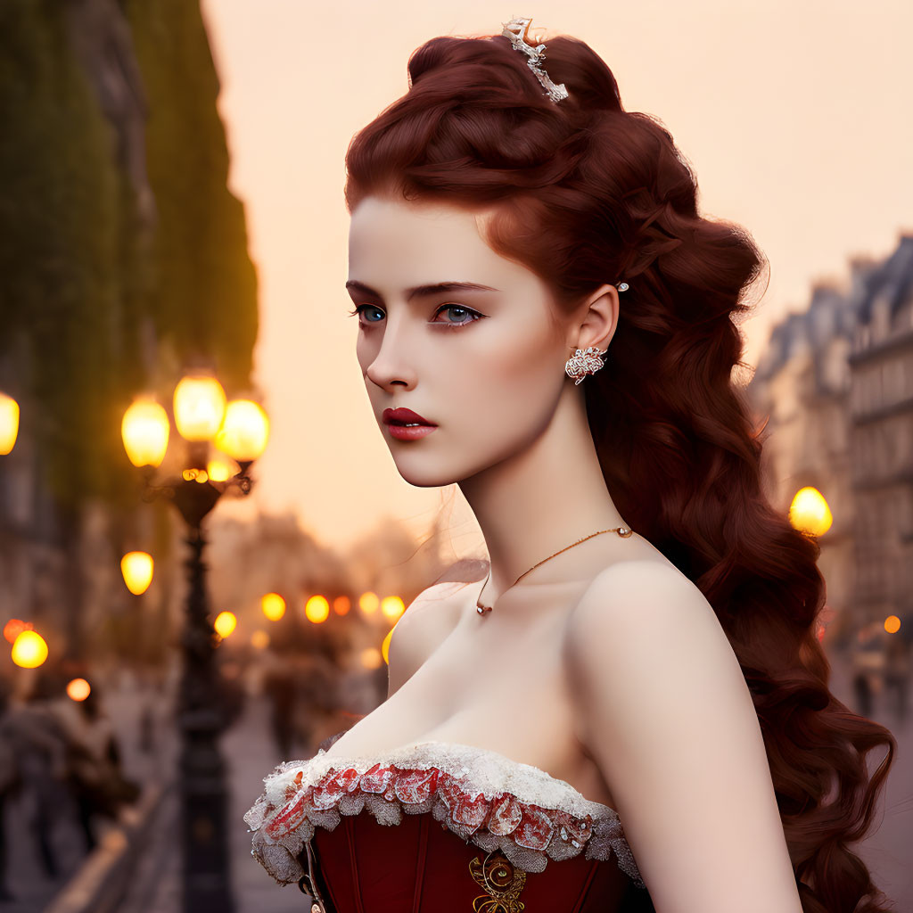 Elaborate red hair woman in red and white corset dress on vintage street