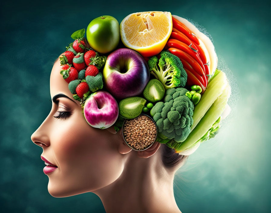 Woman's Profile with Fruits and Vegetables Brain Illustration