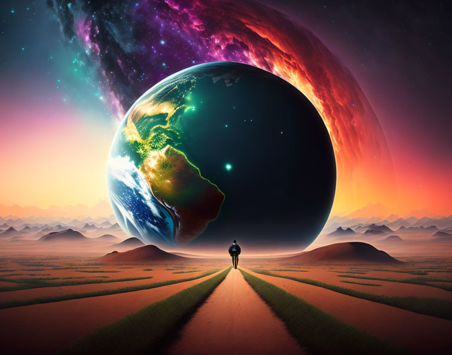 Person standing on road towards surreal Earth above mountainous horizon