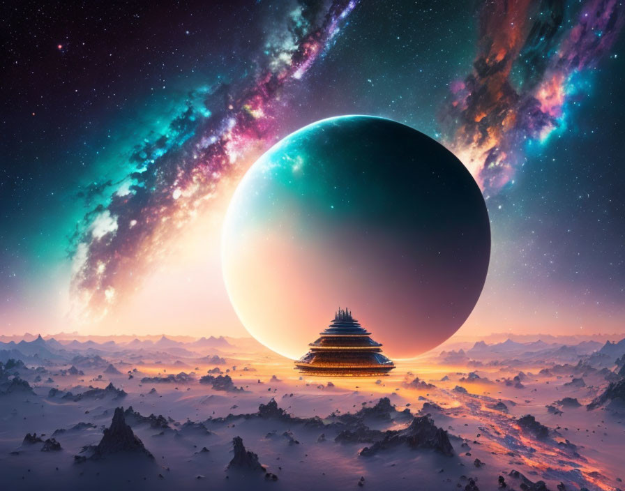 Futuristic pyramid on barren alien landscape with large planet and colorful nebulae