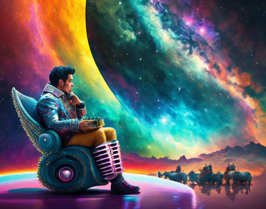 Man sitting in futuristic chair with cosmic background and rainbow road.