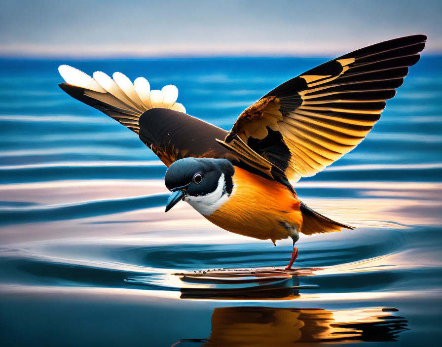 Colorful Bird with Open Wings Standing on Water Reflection, Soft-focus Blue Background
