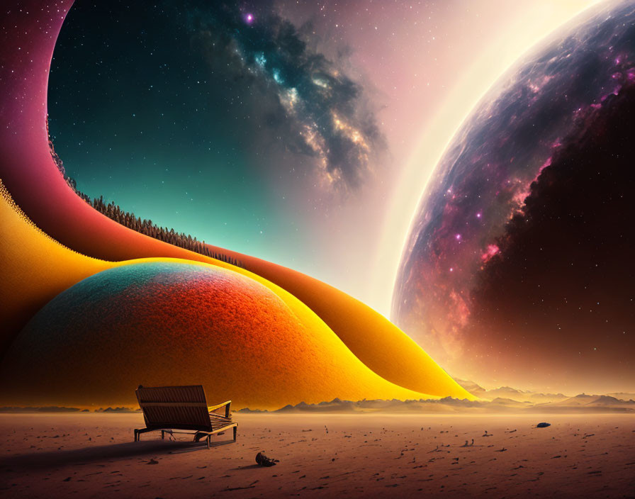 Vibrant surreal landscape with multicolored planetary bodies and a solitary bench