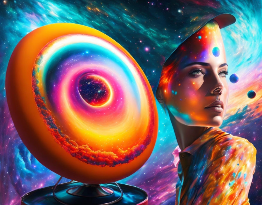 Surrealist image of woman fused with cosmic elements