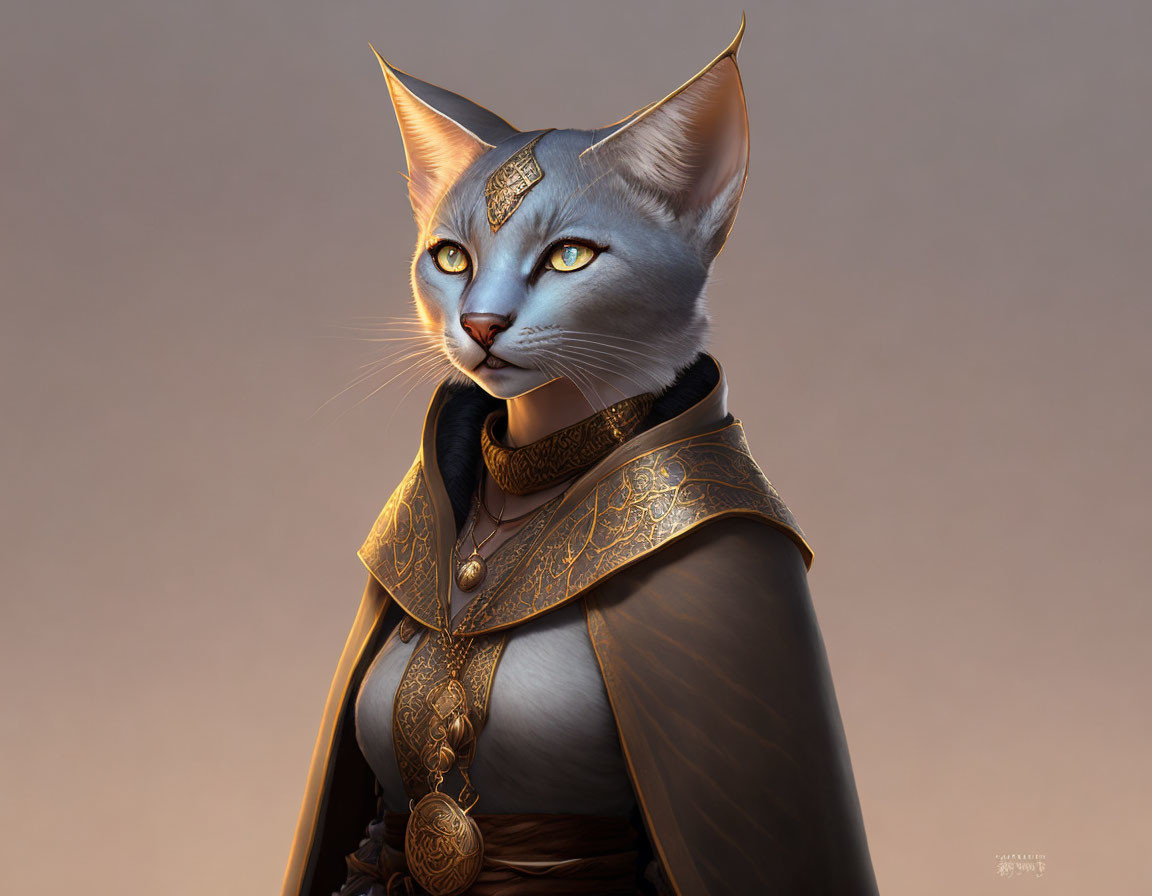 Anthropomorphic cat with regal attire and piercing eyes